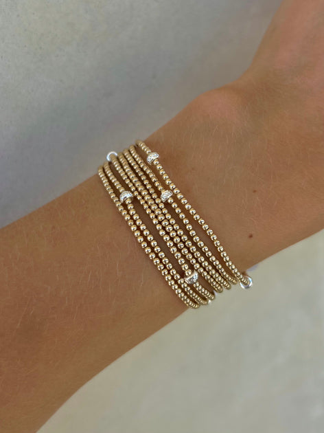 2mm Signature Beaded Bracelet with Large Sterling Silver Rondelle Pattern 8 / Yellow Gold