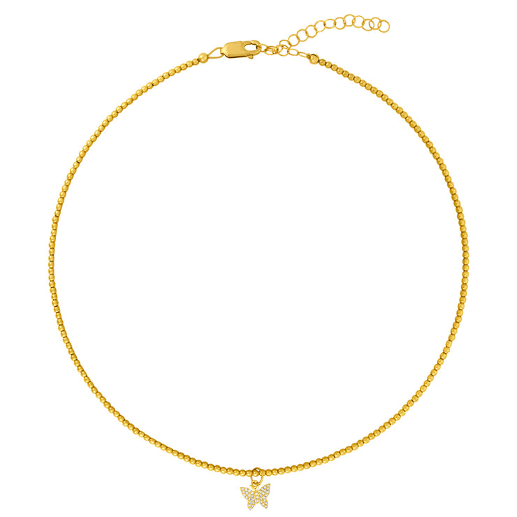 2MM Signature Necklace With Pave Butterfly Charm Yellow Gold Filled Bracelet with Diamonds