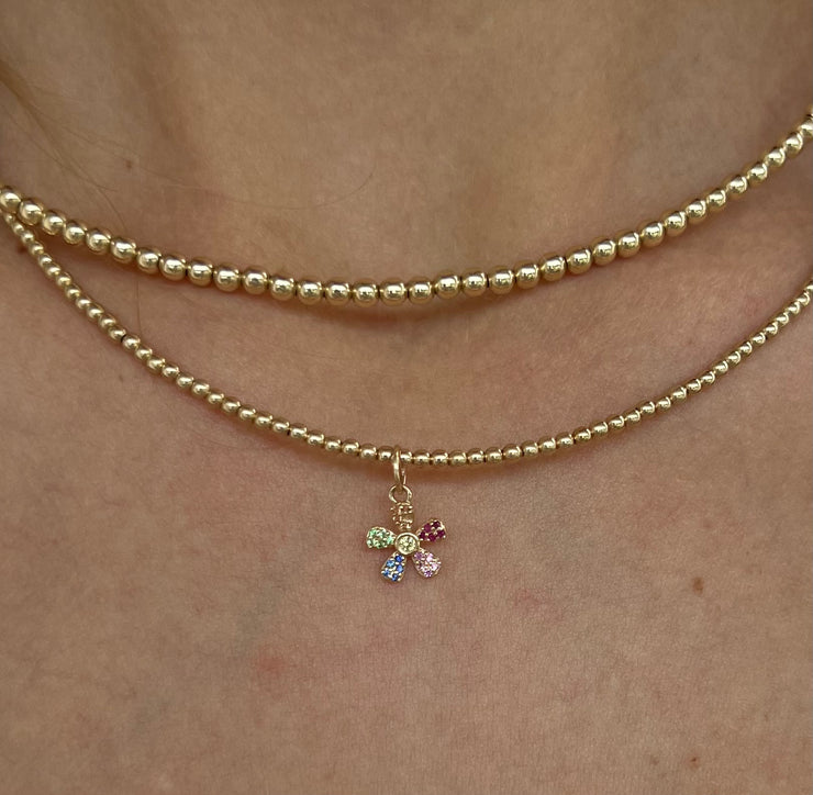 2MM Yellow Gold Filled Necklace with 14K Yellow Gold Sapphire Rainbow Flower Charm Yellow Gold Filled Bracelet with Diamonds