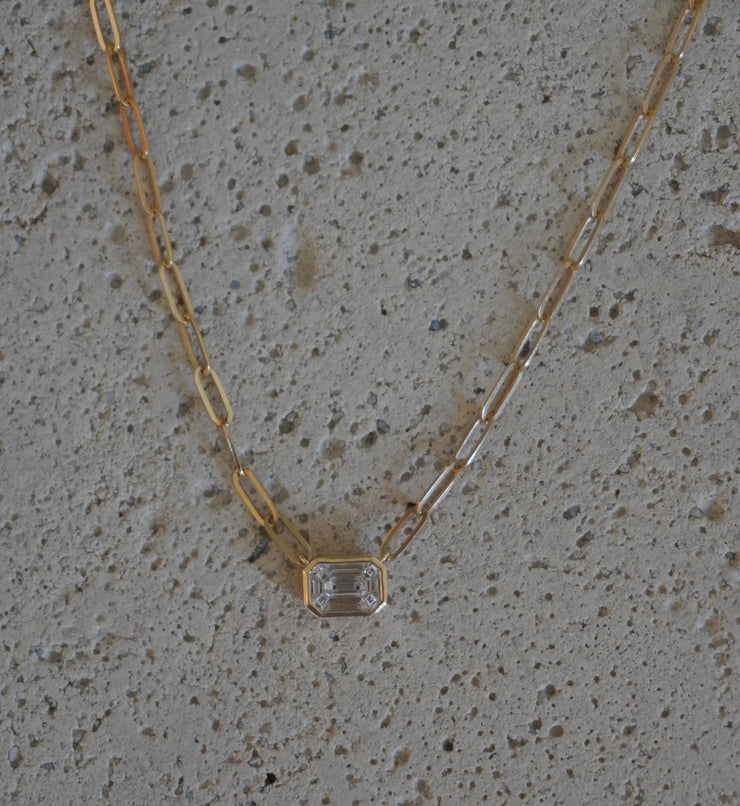 Small Paperclip Necklace with Bezel Emerald Cut Diamond