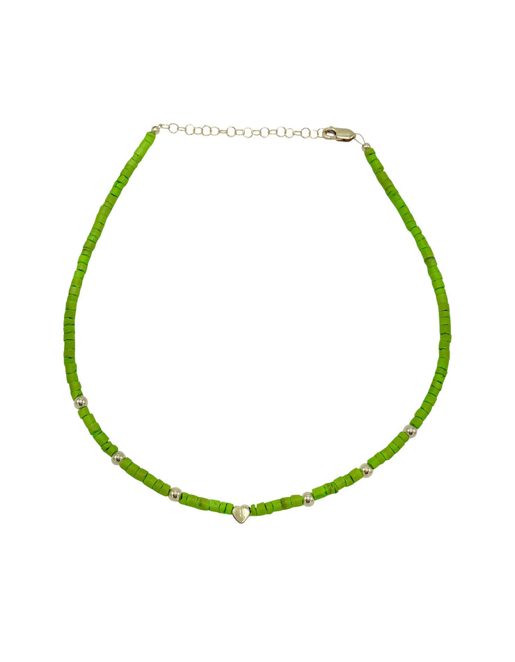 Kids Lime Heishi Necklace with 4MM Yellow Gold Filled Bead Pattern and 14K Heart Bead